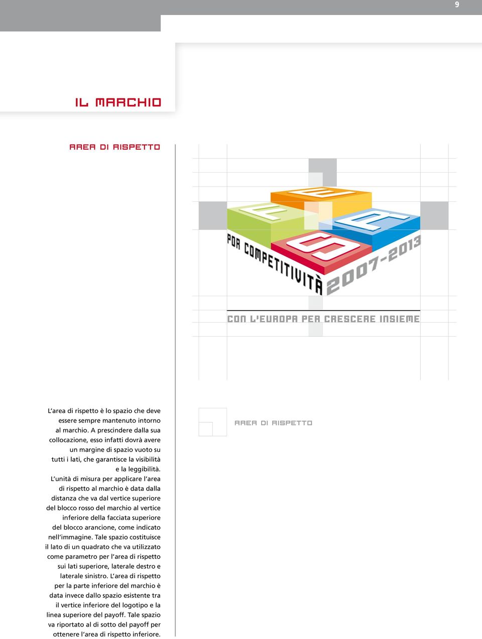 L unità di misura per applicare l area di rispetto al marchio è data dalla distanza che va dal vertice superiore del blocco rosso del marchio al vertice inferiore della facciata superiore del blocco