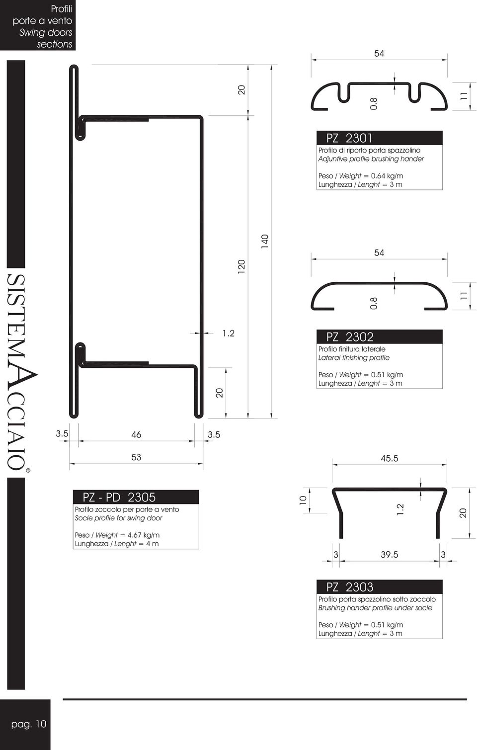 5 kg/m Lunghezza / Lenght = 3 m PZ - PD 305 Profilo zoccolo per porte a vento Socle profile for swing door Peso / Weight =.