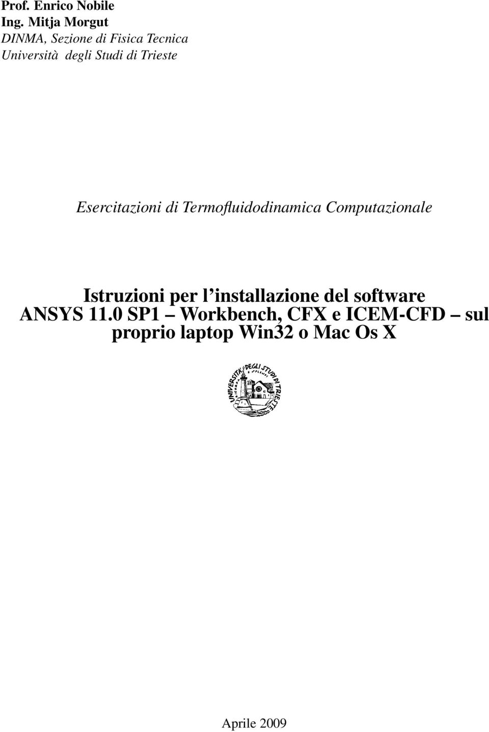 Trieste Esercitazioni di Termofluidodinamica Computazionale Istruzioni