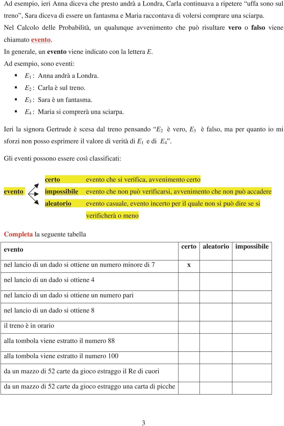 Ad esempio, sono eventi: E 1 : Anna andrà a Londra. E 2 : Carla è sul treno. E 3 : Sara è un fantasma. E 4 : Maria si comprerà una sciarpa.