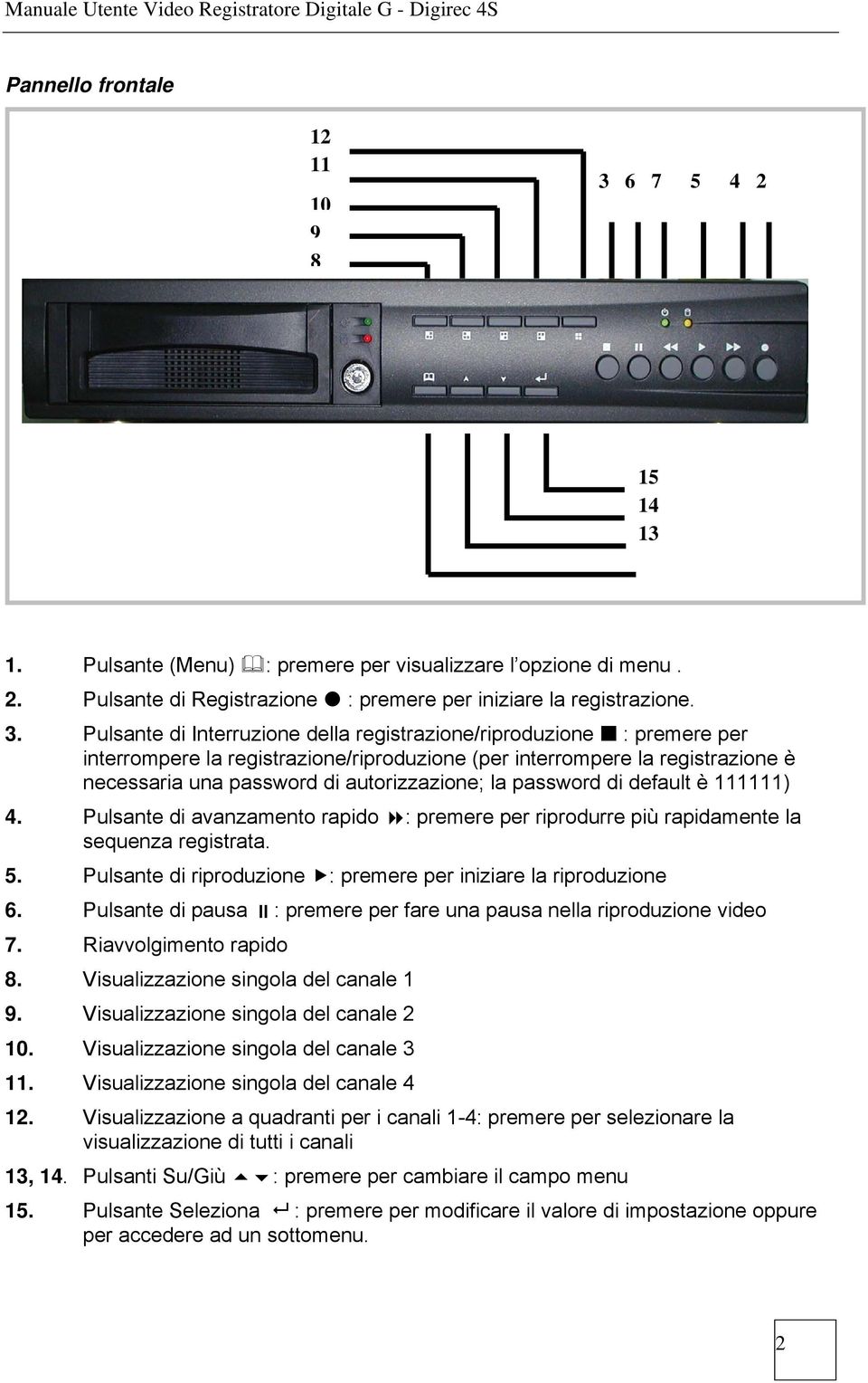 Pulsante di Interruzione della registrazione/riproduzione : premere per interrompere la registrazione/riproduzione (per interrompere la registrazione è necessaria una password di autorizzazione; la