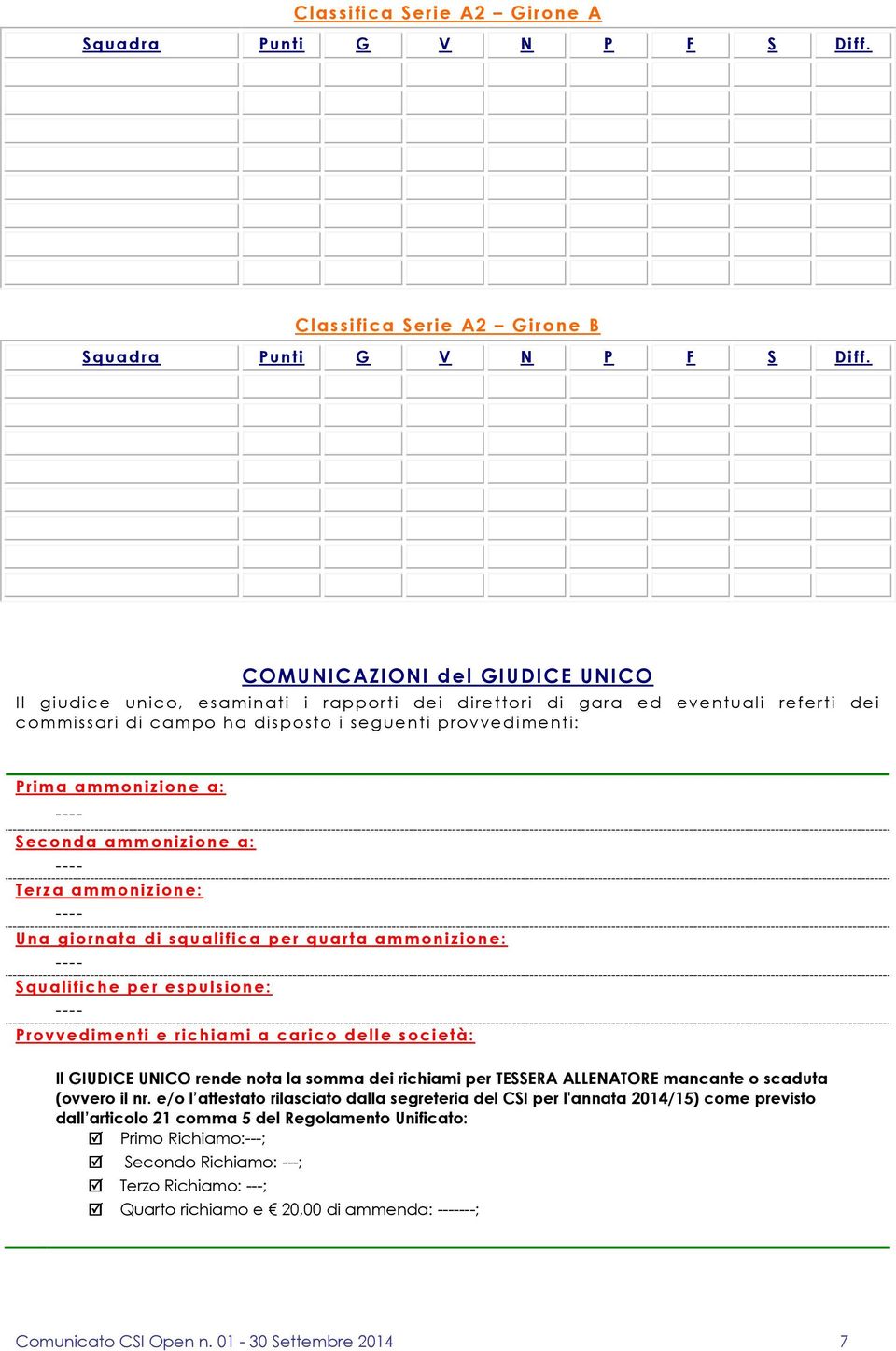 Seconda ammonizione a: Terza ammonizione: Una giornata di squalifica per quarta ammonizione: Squalifiche per espulsione: Provvedimenti e richiami a carico delle società: Il GIUDICE UNICO rende nota