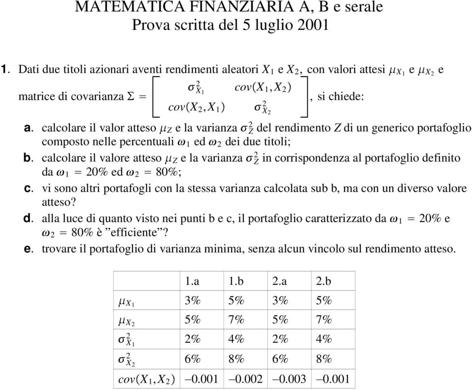 calcolare il valor atteso Z e la varianza Z 2 del rendimento Z di un generico portafoglio composto nelle percentuali 1 ed 2 dei due titoli; b.