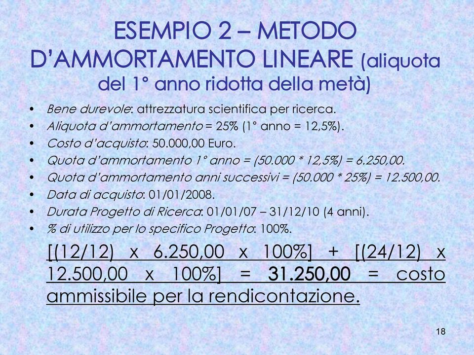 Quota d ammortamento anni successivi = (50.000 * 25%) = 12.500,00. Data di acquisto: 01/01/2008.