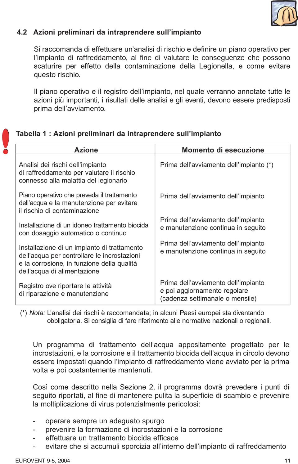 Il piano operativo e il registro dell impianto, nel quale verranno annotate tutte le azioni più importanti, i risultati delle analisi e gli eventi, devono essere predisposti prima dell avviamento.