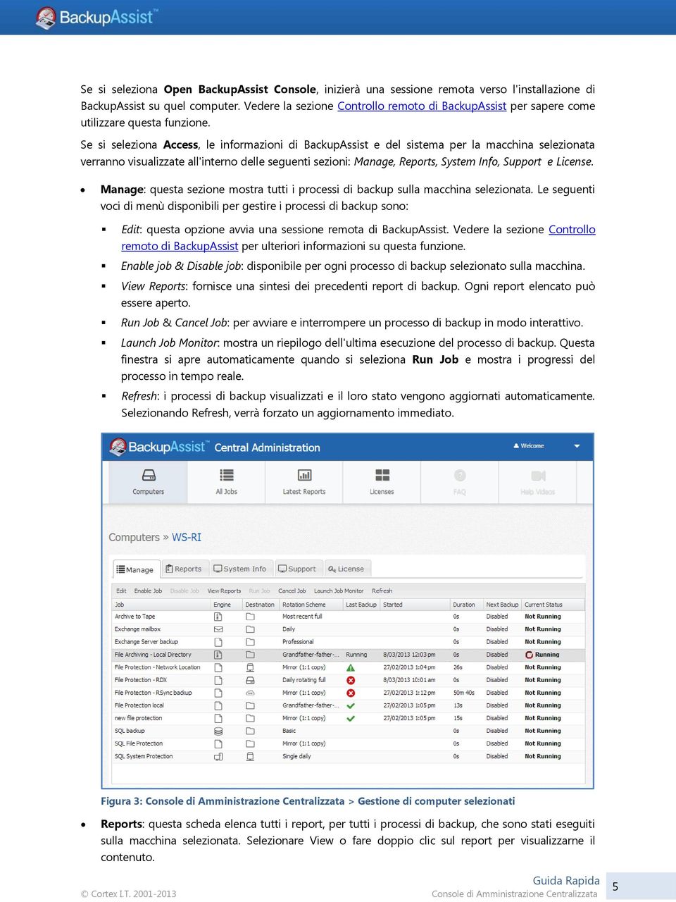 Se si seleziona Access, le informazioni di BackupAssist e del sistema per la macchina selezionata verranno visualizzate all'interno delle seguenti sezioni: Manage, Reports, System Info, Support e