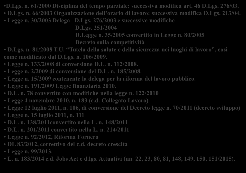 LE FONTI DEL DIRITTO DEL LAVORO: LE PRINCIPALI LEGGI SPECIALI Legge n. 25/1955 Apprendistato: mod. e abrogazione parziale art. 47/50 D.Lgs. 276/03. Successivo D.lgs. n. 167/2011 Legge n.