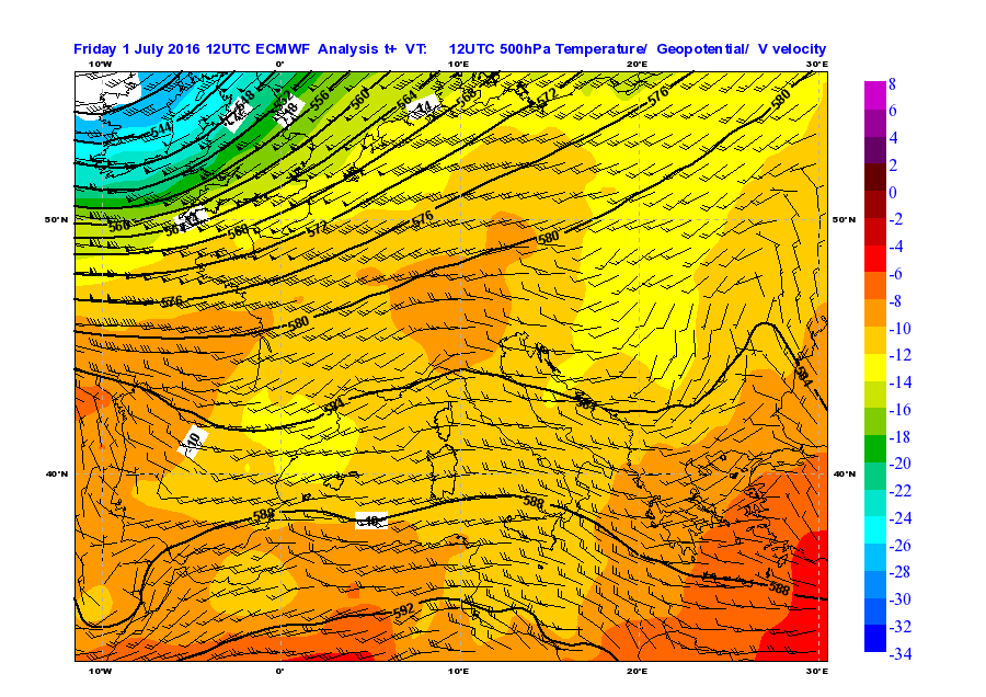 Figura 2. Mappa di analisi (da modello IFS-ECMWF) di temperatura, geopotenziale e vento a 500 hpa del 01/07/2016 alle 12 UTC, area europea.