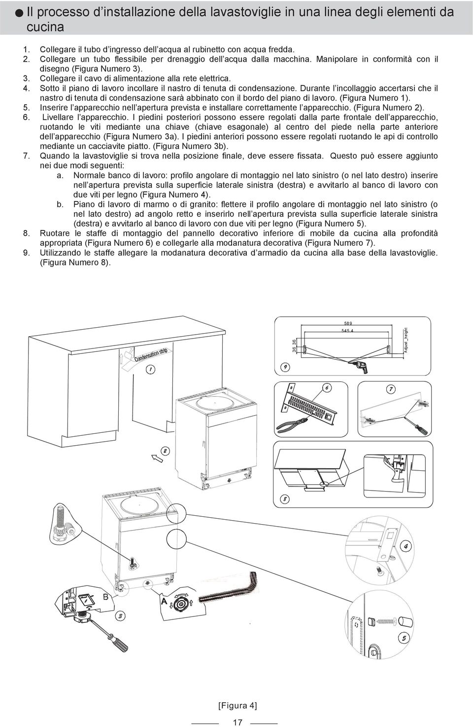 Sotto il piano di lavoro incollare il nastro di tenuta di condensazione. Durante l incollaggio accertarsi che il nastro di tenuta di condensazione sarà abbinato con il bordo del piano di lavoro.