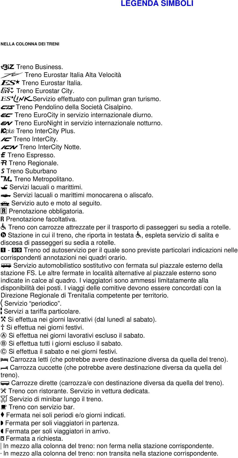 Treno Espresso Treno Regionale @ Treno Suburbano K Treno Metropolitano 4 Servizi lacuali o marittimi 5 Servizi lacuali o marittimi monocarena o aliscao e Servizio auto e moto al seguito m