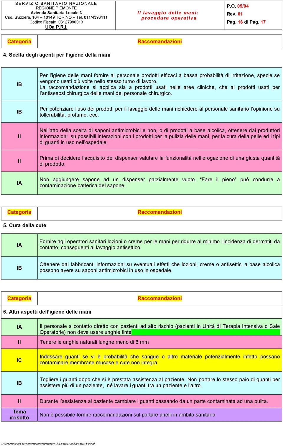 lavoro. La raccomandazione si applica sia a prodotti usati nelle aree cliniche, che ai prodotti usati per l antisespsi chirurgica delle mani del personale chirurgico.