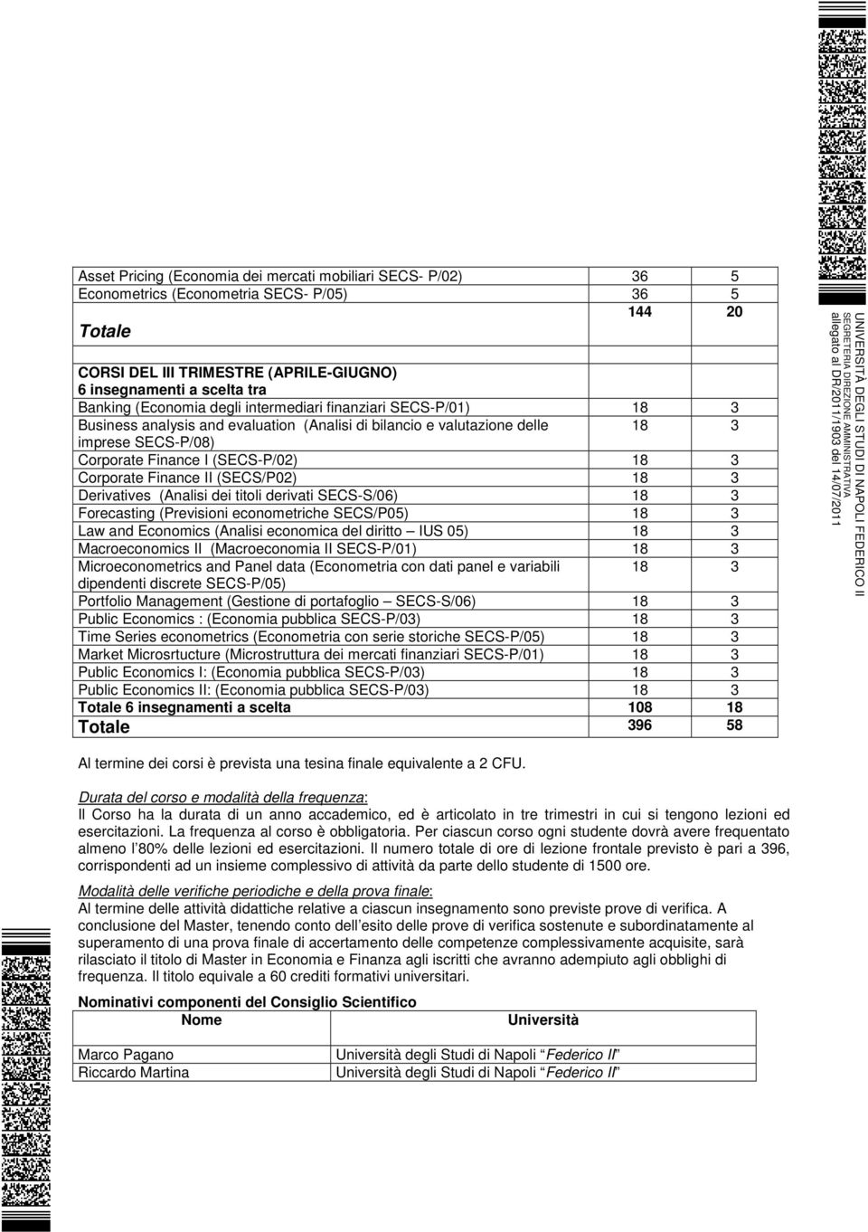 Corporate Finance II (SECS/P02) 18 3 Derivatives (Analisi dei titoli derivati SECS-S/06) 18 3 Forecasting (Previsioni econometriche SECS/P05) 18 3 Law and Economics (Analisi economica del diritto IUS