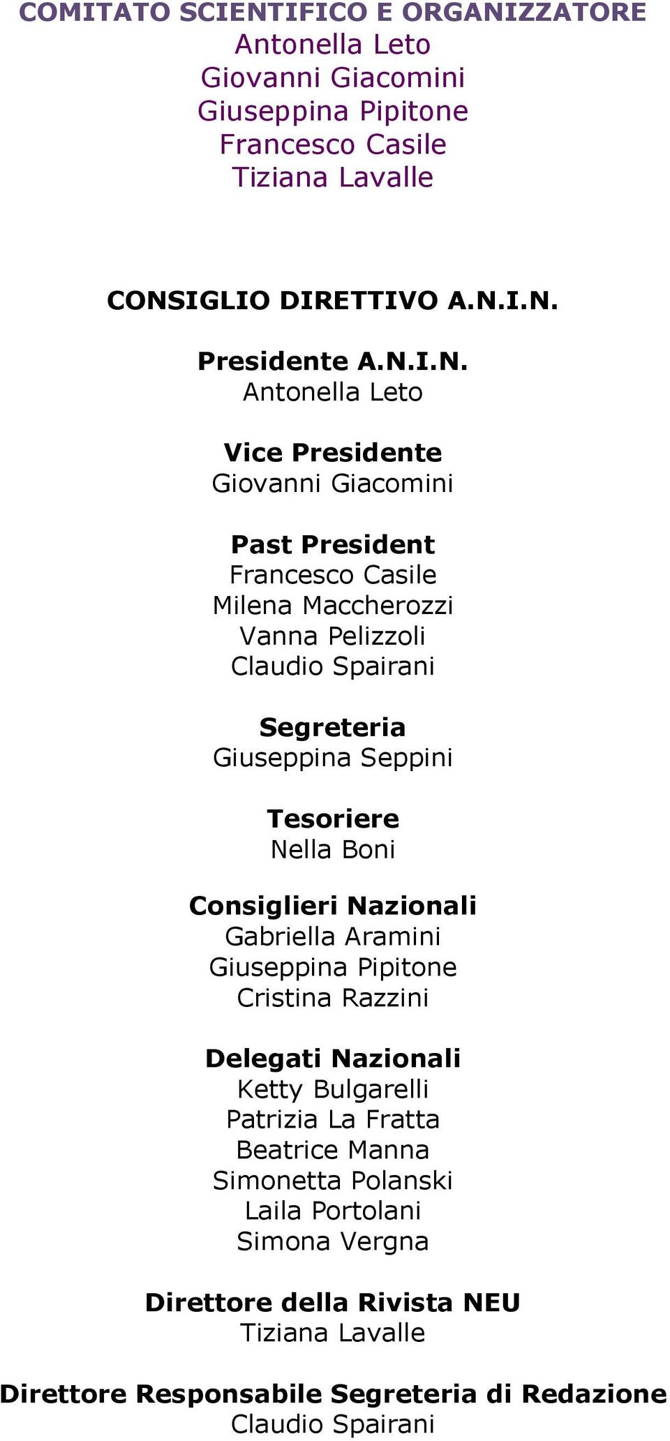 Seppini Tesoriere Nella Boni Consiglieri Nazionali Gabriella Aramini Giuseppina Pipitone Cristina Razzini Delegati Nazionali Ketty Bulgarelli Patrizia La Fratta