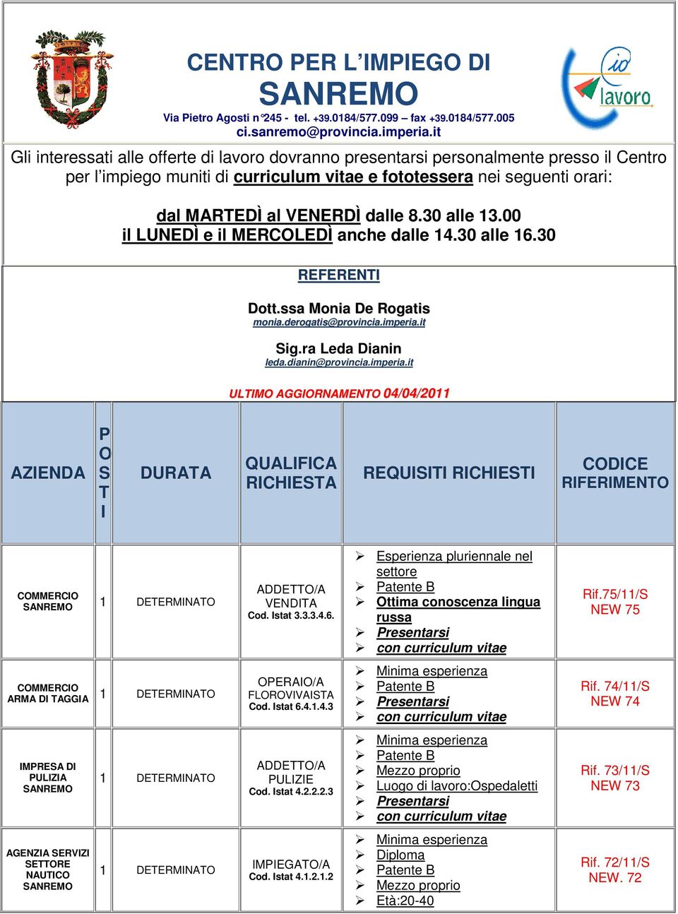 00 il LUNEDÌ e il MERCOLEDÌ anche dalle 14.30 alle 16.30 REFERENTI Dott.ssa Monia De Rogatis monia.derogatis@provincia.imperia.