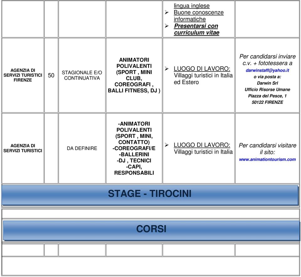 it o via posta a: Darwin Srl Ufficio Risorse Umane Piazza del Pesce, 1 50122 FIRENZE DI SERVIZI TURISTICI DA DEFINIRE -ANIMATORI POLIVALENTI (SPORT,