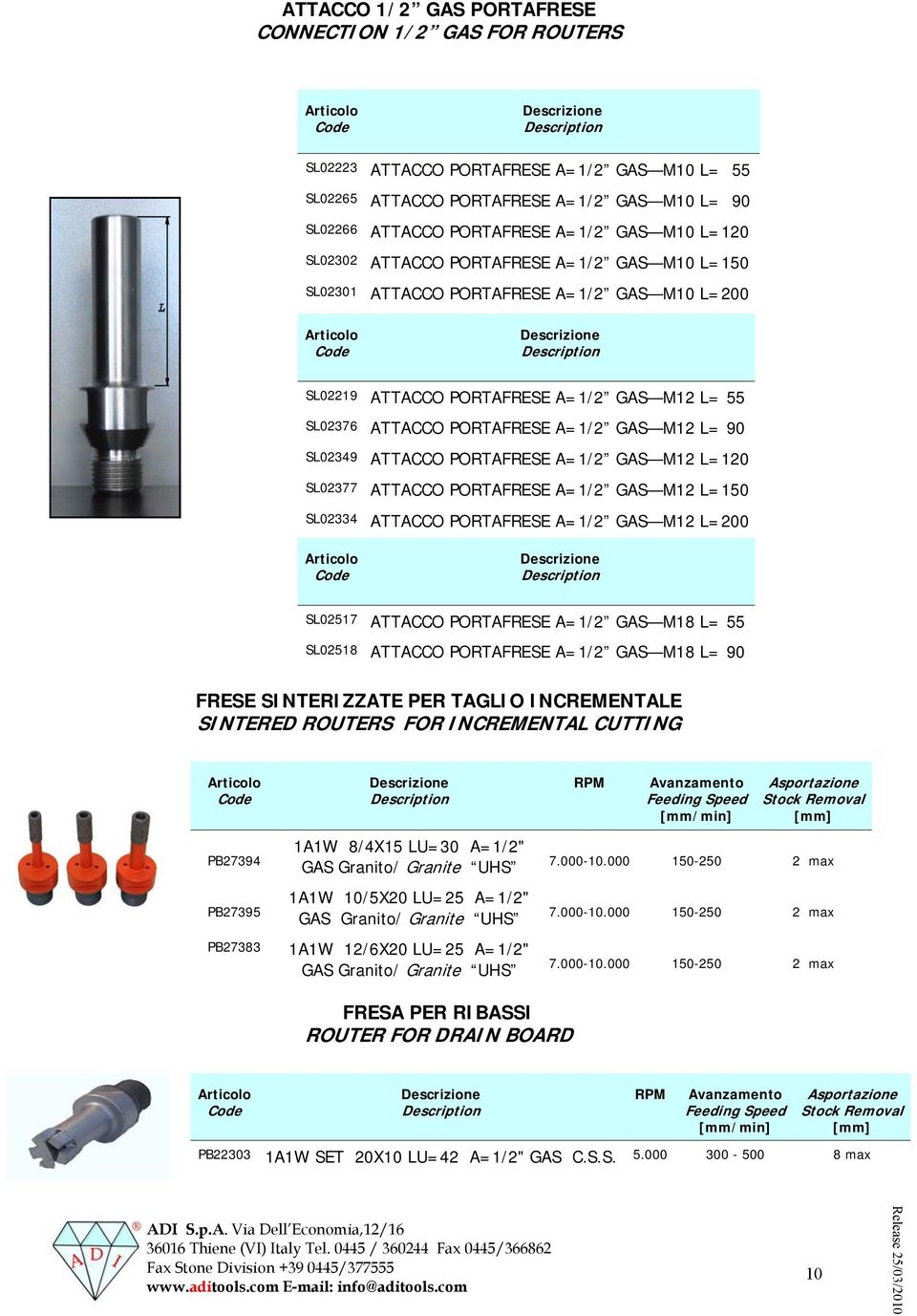 GAS M L=0 SL0334 ATTACCO PORTAFRESE A=/ GAS M L=00 SL07 ATTACCO PORTAFRESE A=/ GAS M8 L= SL08 ATTACCO PORTAFRESE A=/ GAS M8 L= 90 FRESE SINTERIZZATE PER TAGLIO INCREMENTALE SINTERED ROUTERS FOR