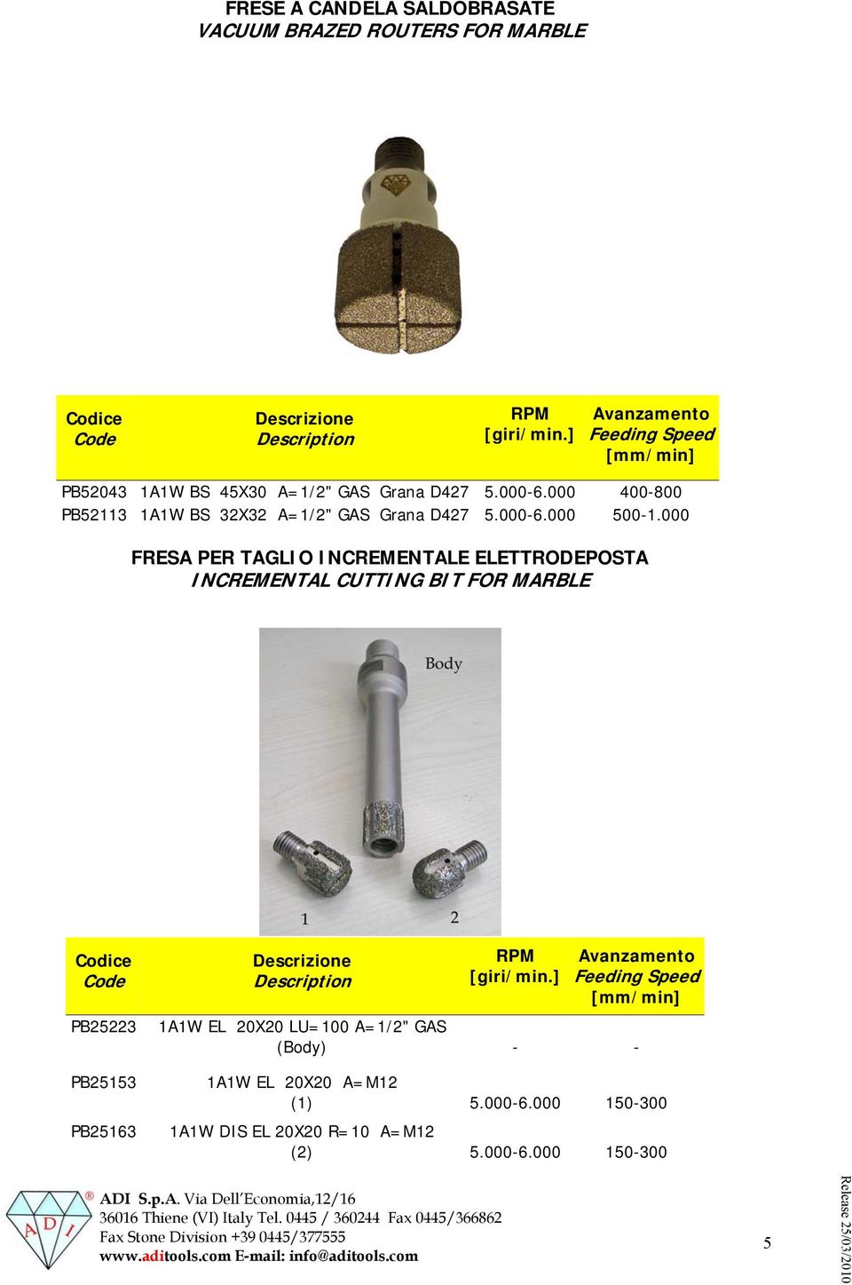 000 FRESA PER TAGLIO INCREMENTALE ELETTRODETA INCREMENTAL CUTTING BIT FOR MARBLE Codice PB3 PB3 PB3 [giri/min.