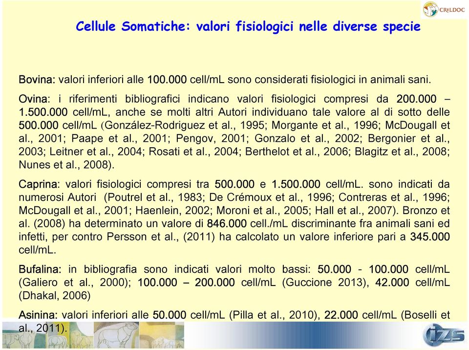 000 cell/ml (González-Rodriguez et al., 1995; Morgante et al., 1996; McDougall et al., 2001; Paape et al., 2001; Pengov, 2001; Gonzalo et al., 2002; Bergonier et al., 2003; Leitner et al.