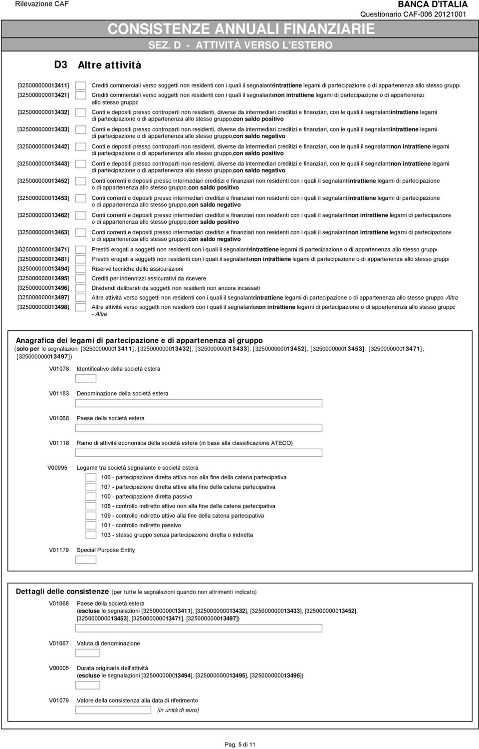 [325000000013421] Crediti commerciali verso soggetti non residenti con i quali il segnalantenon intrattiene legami di partecipazione o di appartenenza [325000000013432] Conti e depositi presso