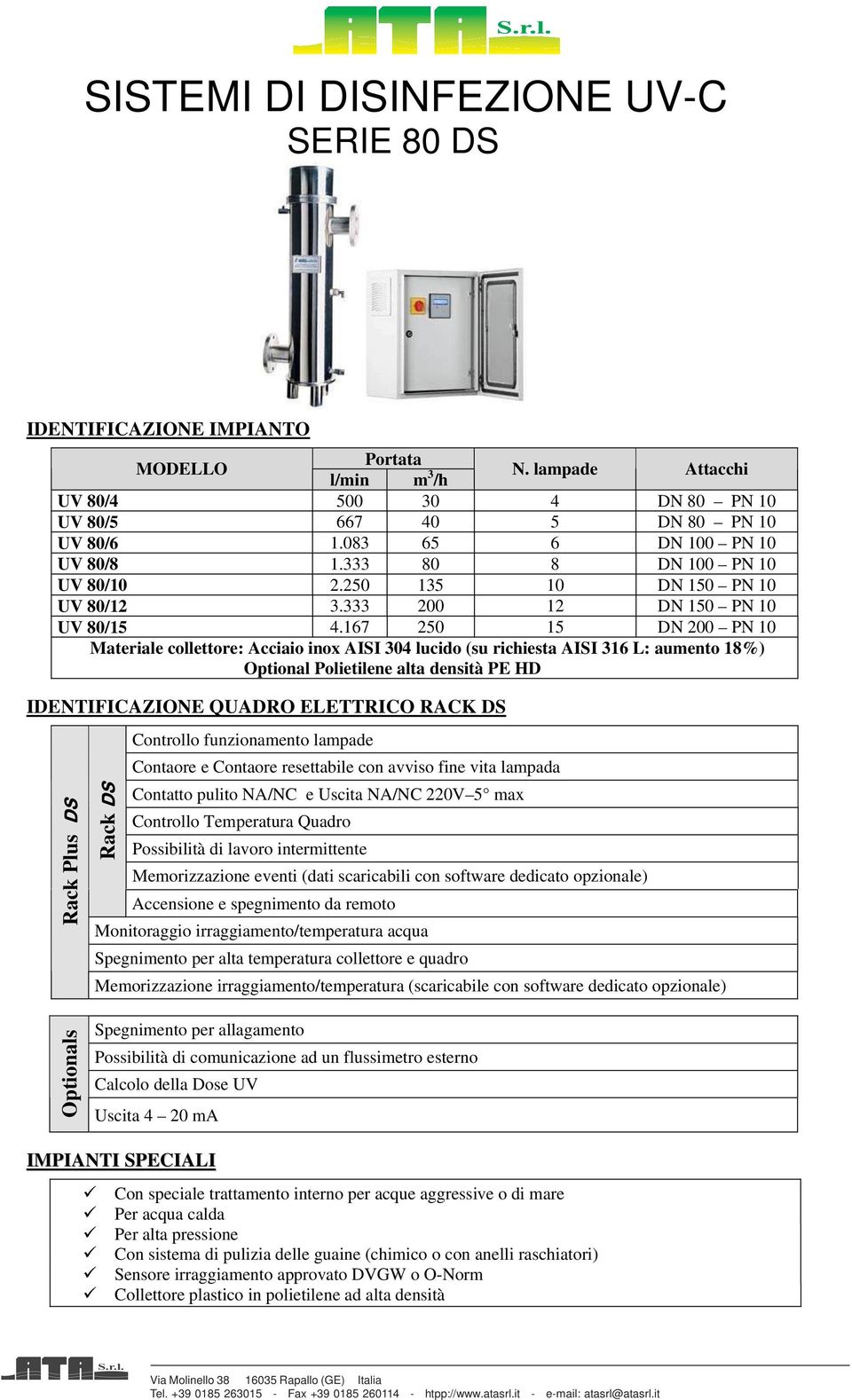 167 250 15 DN 200 PN 10 Materiale collettore: Acciaio inox AISI 304 lucido (su richiesta AISI 316 L: aumento 18%) Optional Polietilene alta densità PE HD IDENTIFICAZIONE QUADRO ELETTRICO RACK DS Rack