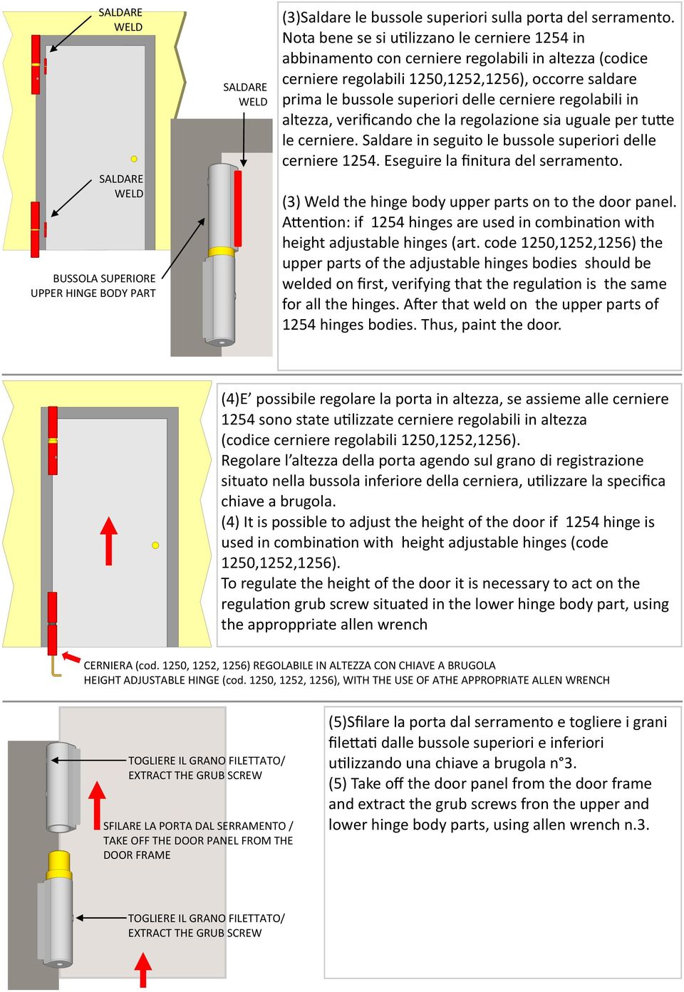 regolabili in altezza, verificando che la regolazione sia uguale per tutte le cerniere. Saldare in seguito le bussole superiori delle cerniere 1254. Eseguire la finitura del serramento.
