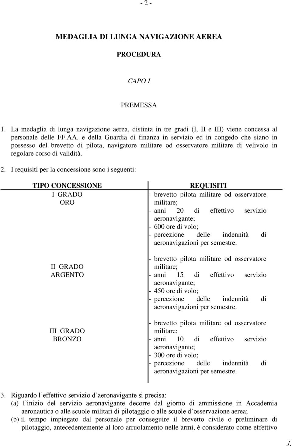 I requisiti per la concessione sono i seguenti: TIPO CONCESSIONE I GRADO ORO II GRADO ARGENTO III GRADO BRONZO REQUISITI - brevetto pilota militare od osservatore militare; - anni 20 di effettivo