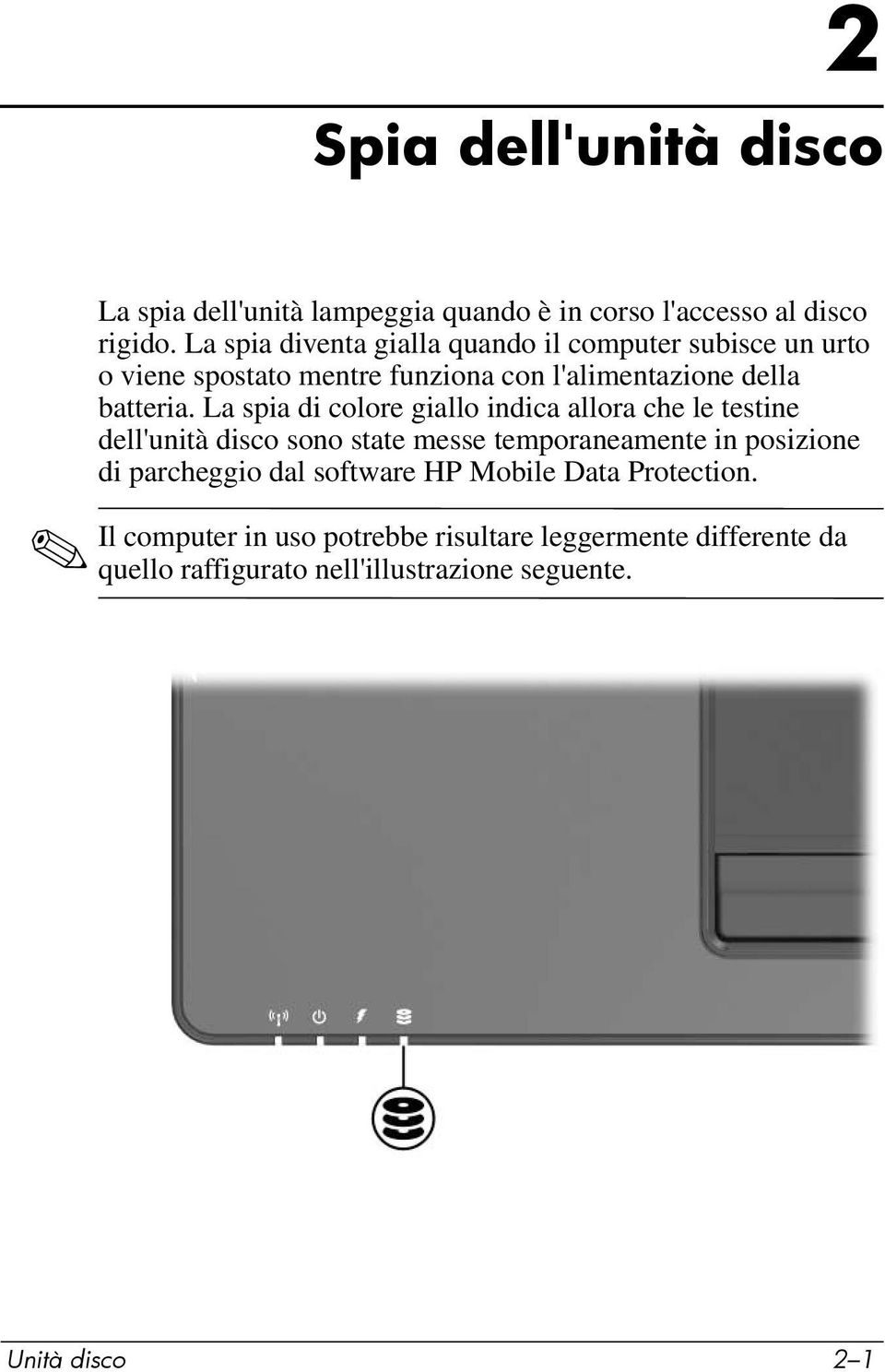 La spia di colore giallo indica allora che le testine dell'unità disco sono state messe temporaneamente in posizione di parcheggio