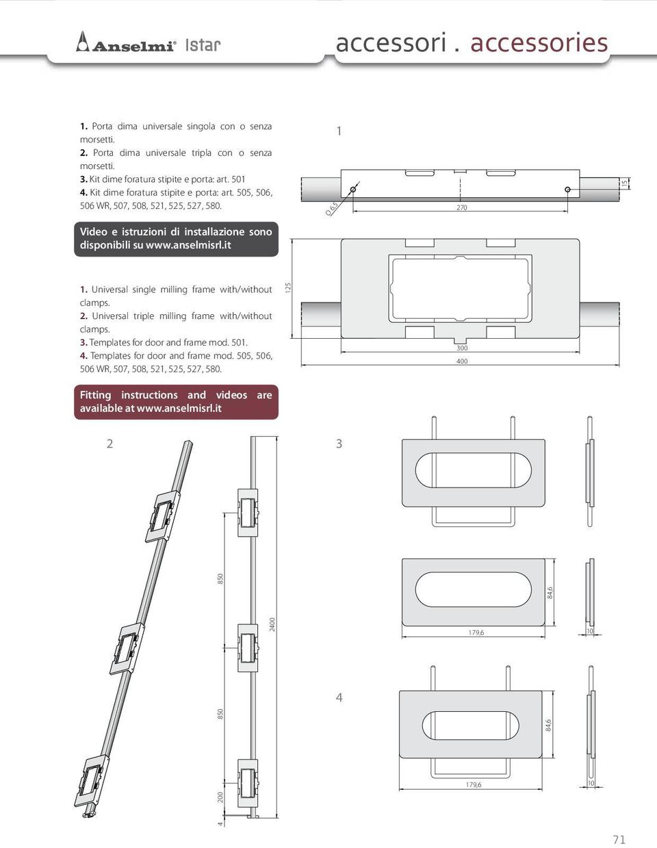 it 1. Universal single milling frame with/without clamps. 2. Universal triple milling frame with/without clamps. 3. Templates for door and frame mod. 501. 4.