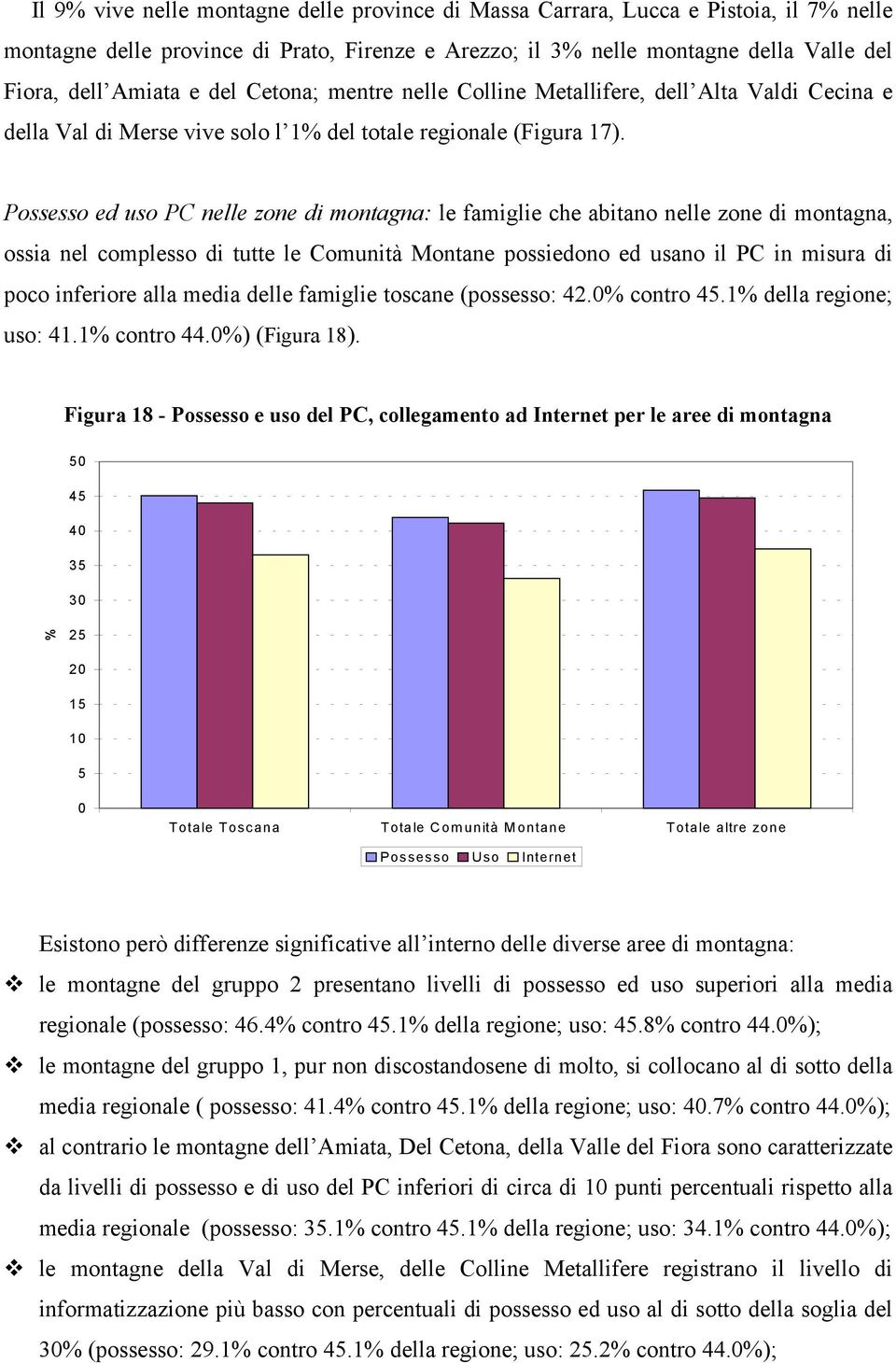 Possesso ed uso PC nelle zone di montagna: le famiglie che abitano nelle zone di montagna, ossia nel complesso di tutte le Comunità Montane possiedono ed usano il PC in misura di poco inferiore alla