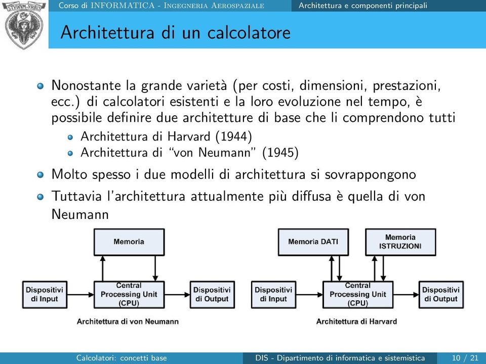 Architettura di Harvard (1944) Architettura di von Neumann (1945) Molto spesso i due modelli di architettura si sovrappongono Tuttavia l