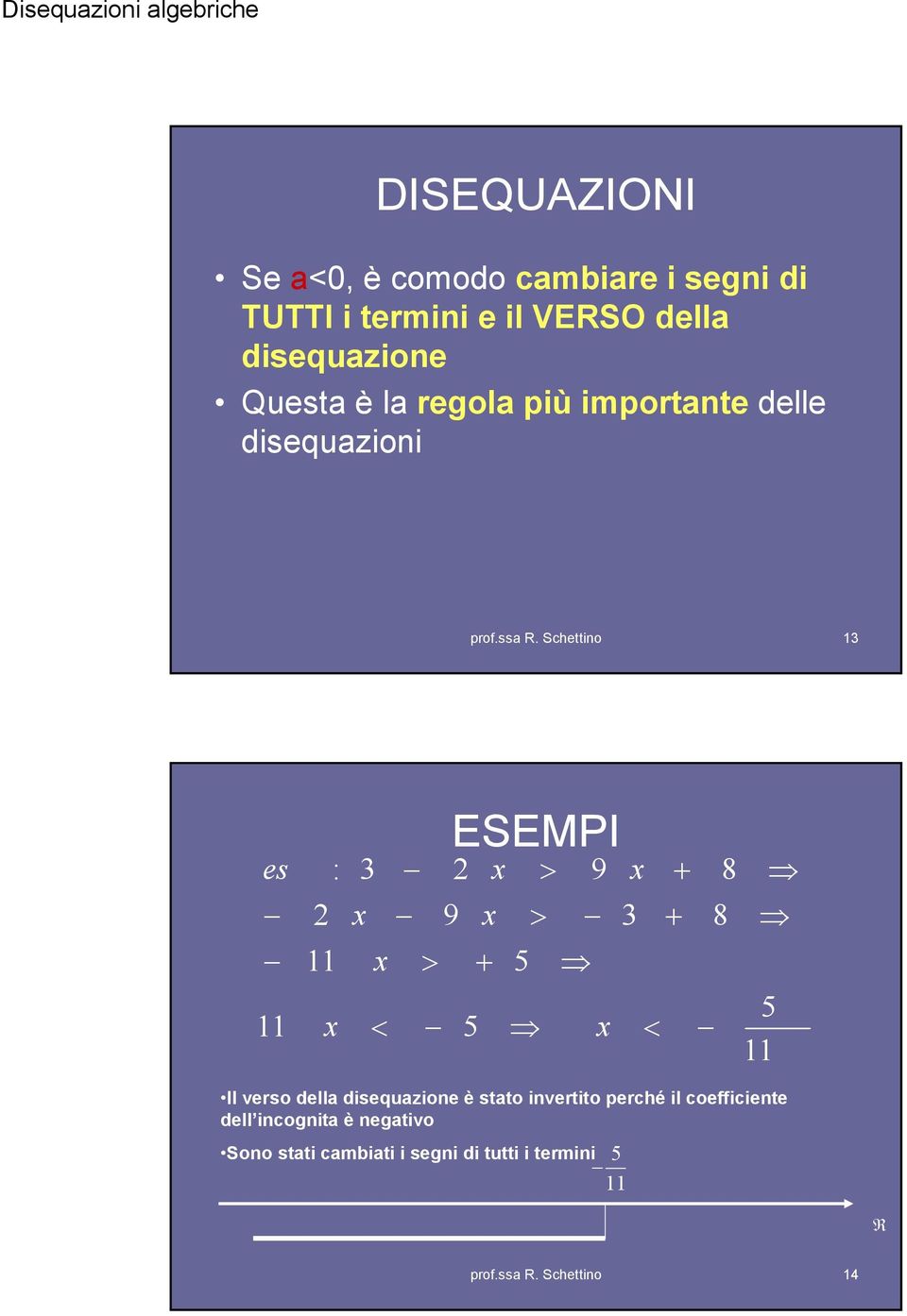 9 ESEMPI 9 < 8 8 Il verso della disequazione è stato invertito perché il