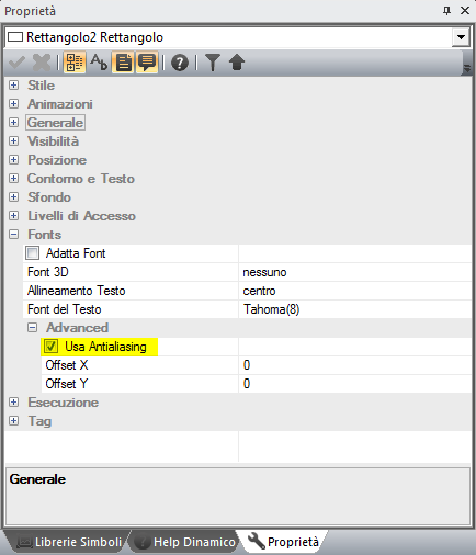 L opzione è denominata Usa Antialiasing ed è disponibile nella categoria Font della tabella proprietà di ciascun oggetto che prevede la possibilità di utilizzo di stringhe al suo interno.
