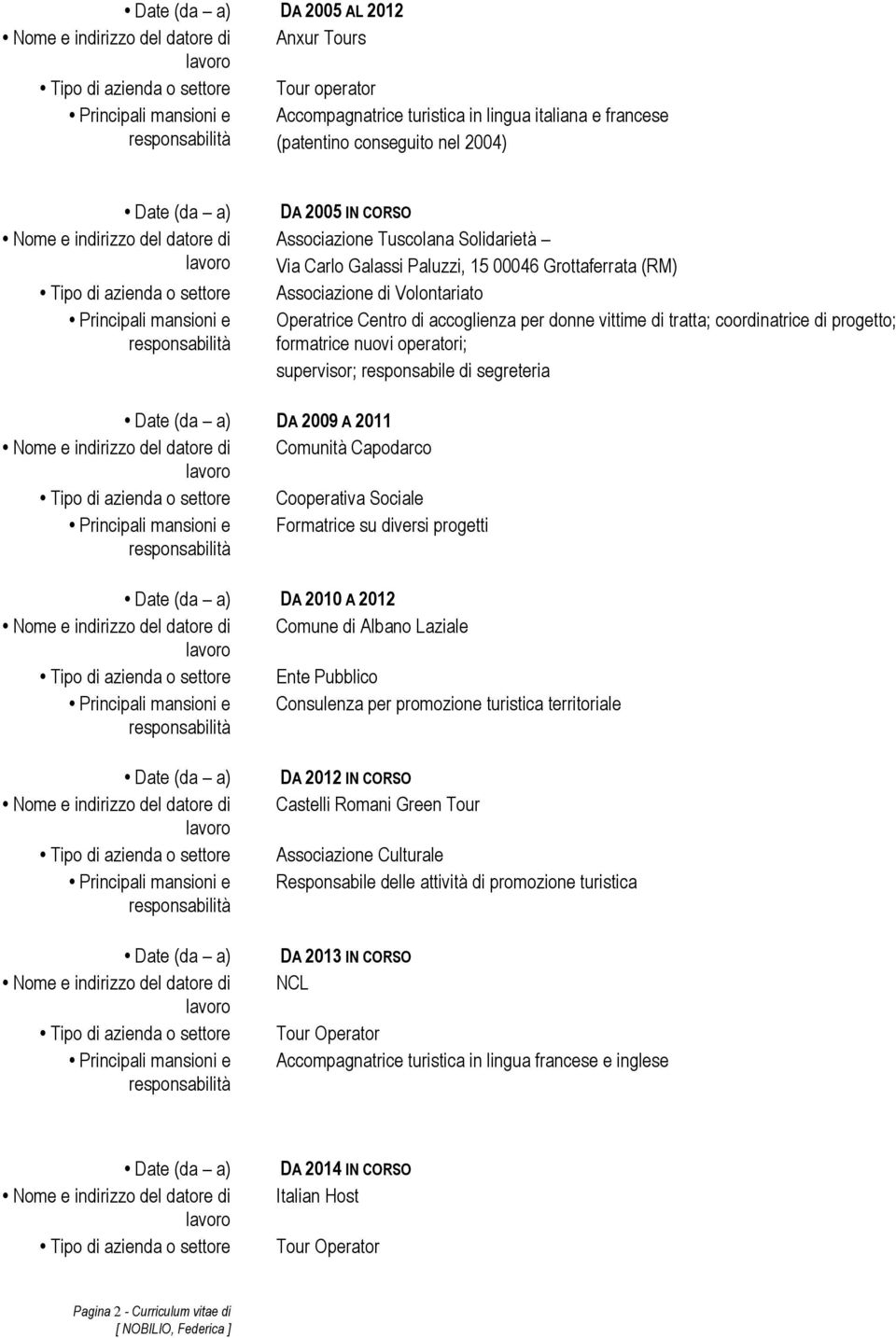 responsabile di segreteria DA 2009 A 2011 Comunità Capodarco Cooperativa Sociale Formatrice su diversi progetti DA 2010 A 2012 Comune di Albano Laziale Ente Pubblico Consulenza per promozione