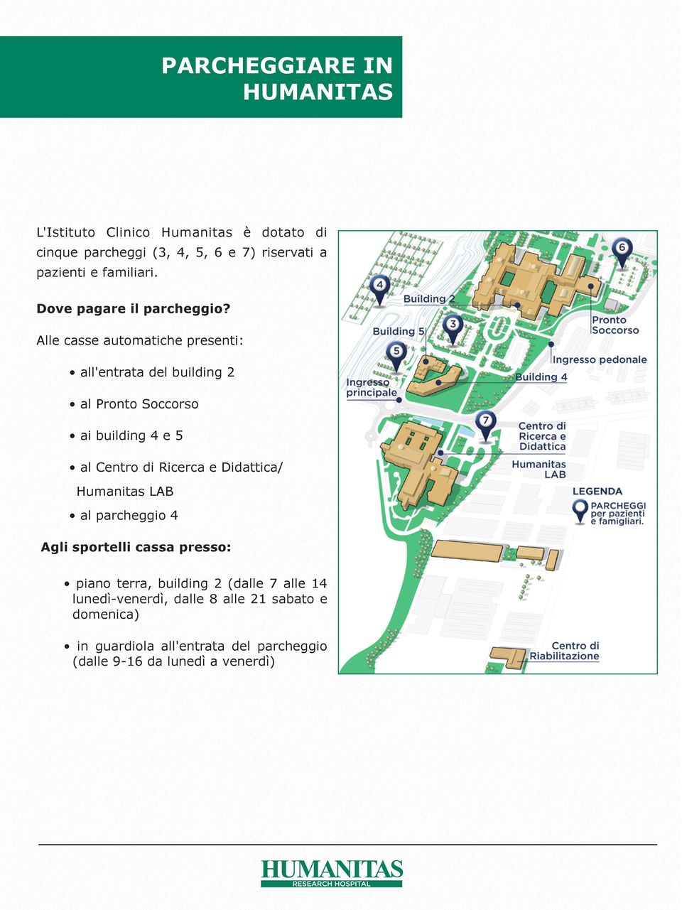 Alle casse automatiche presenti: all'entrata del building 2 al Pronto Soccorso ai building 4 e 5 al Centro di Ricerca e