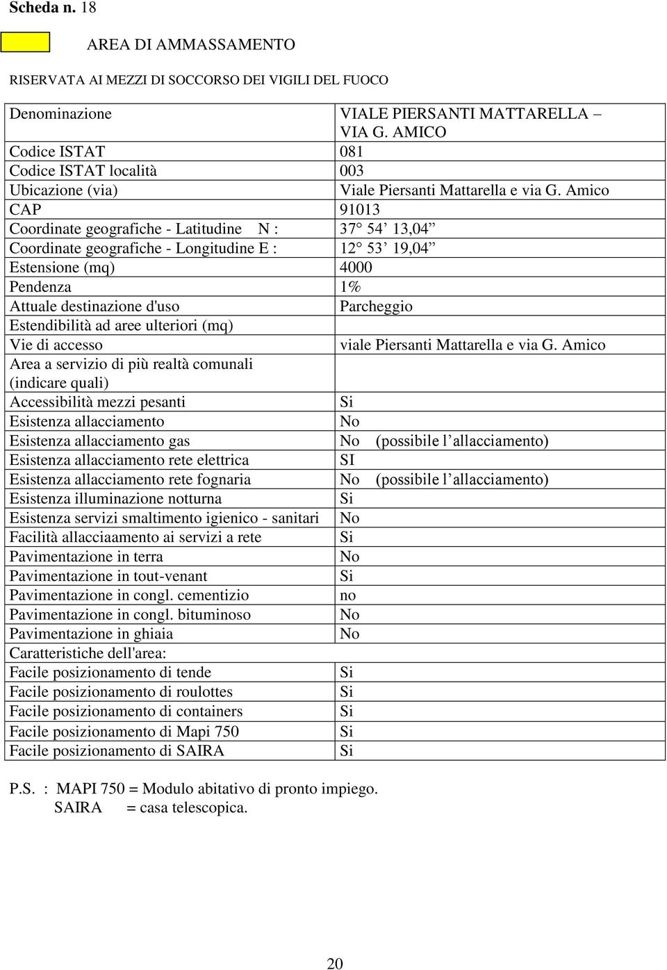 Amico Area a servizio di più realtà comunali (indicare quali) Esistenza allacciamento Esistenza allacciamento gas (possibile l allacciamento) Esistenza allacciamento rete elettrica SI Esistenza