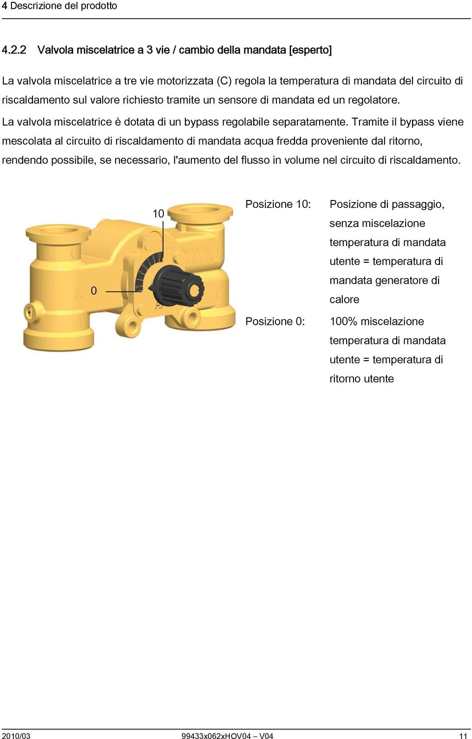 tramite un sensore di mandata ed un regolatore. La valvola miscelatrice è dotata di un bypass regolabile separatamente.