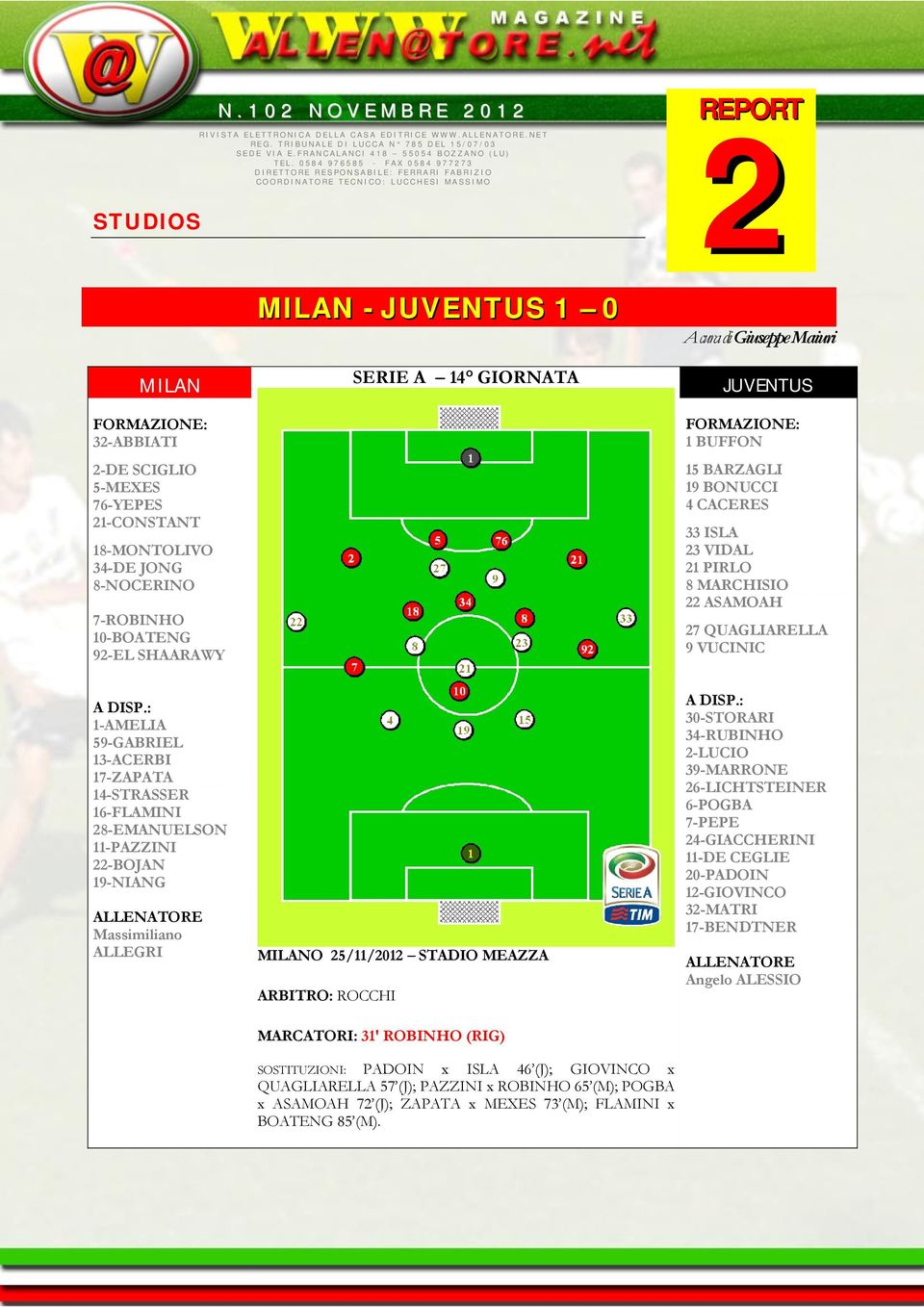 SCIGLIO 5-MEXES 76-YEPES 21-CONSTANT 18-MONTOLIVO 34-DE JONG 8-NOCERINO 7-ROBINHO 10-BOATENG 92-EL SHAARAWY SERIE A 14 GIORNATA JUVENTUS FORMAZIONE: 1 BUFFON 15 BARZAGLI 19 BONUCCI 4 CACERES 33 ISLA