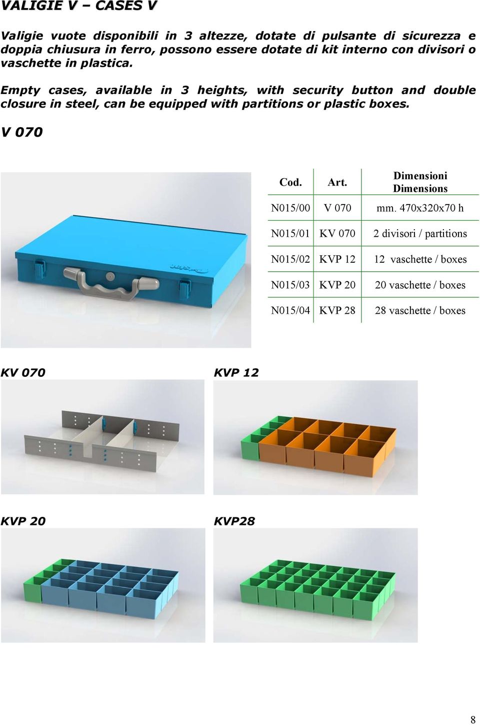 Empty cases, available in 3 heights, with security button and double closure in steel, can be equipped with partitions or plastic boxes.