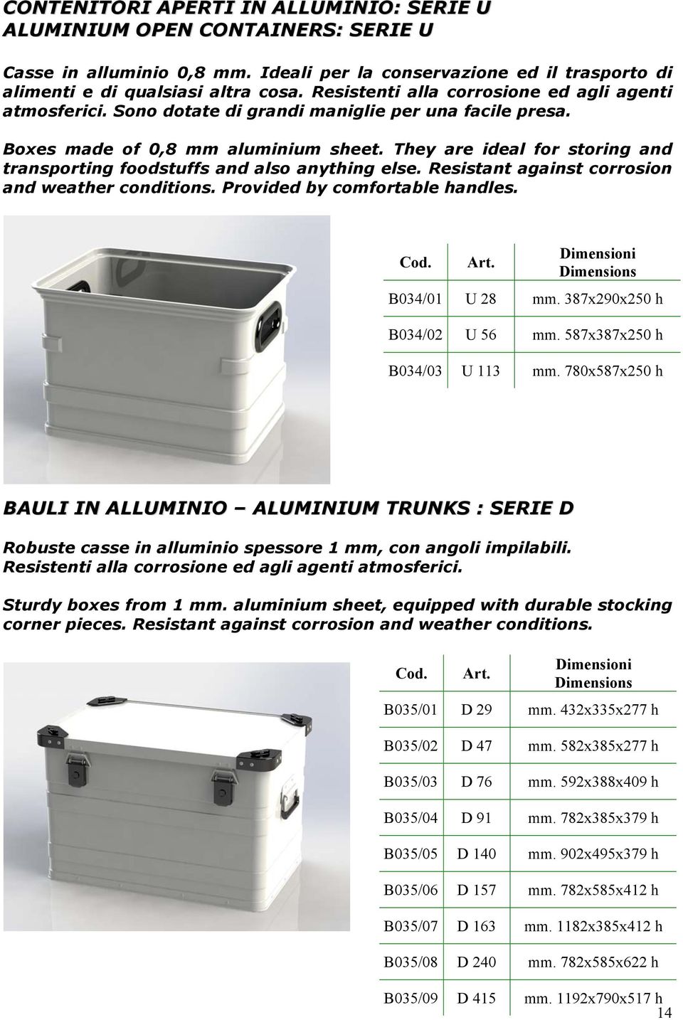 They are ideal for storing and transporting foodstuffs and also anything else. Resistant against corrosion and weather conditions. Provided by comfortable handles. B034/01 U 28 mm.