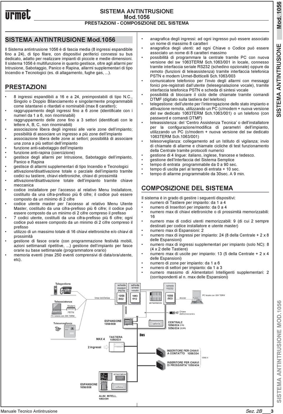 e medie dimensioni. Il sistema 1056 è multifunzione in quanto gestisce, oltre agli allarmi per Intrusione, Sabotaggio, Panico e Rapina, allarmi supplementari di tipo Incendio e Tecnologici (es.