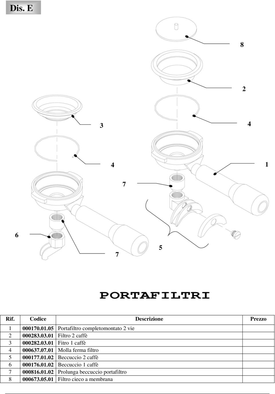 0.01 Molla ferma filtro 5 0001.01.02 Beccuccio 2 caffè 0001.01.02 Beccuccio 1 caffè 00081.
