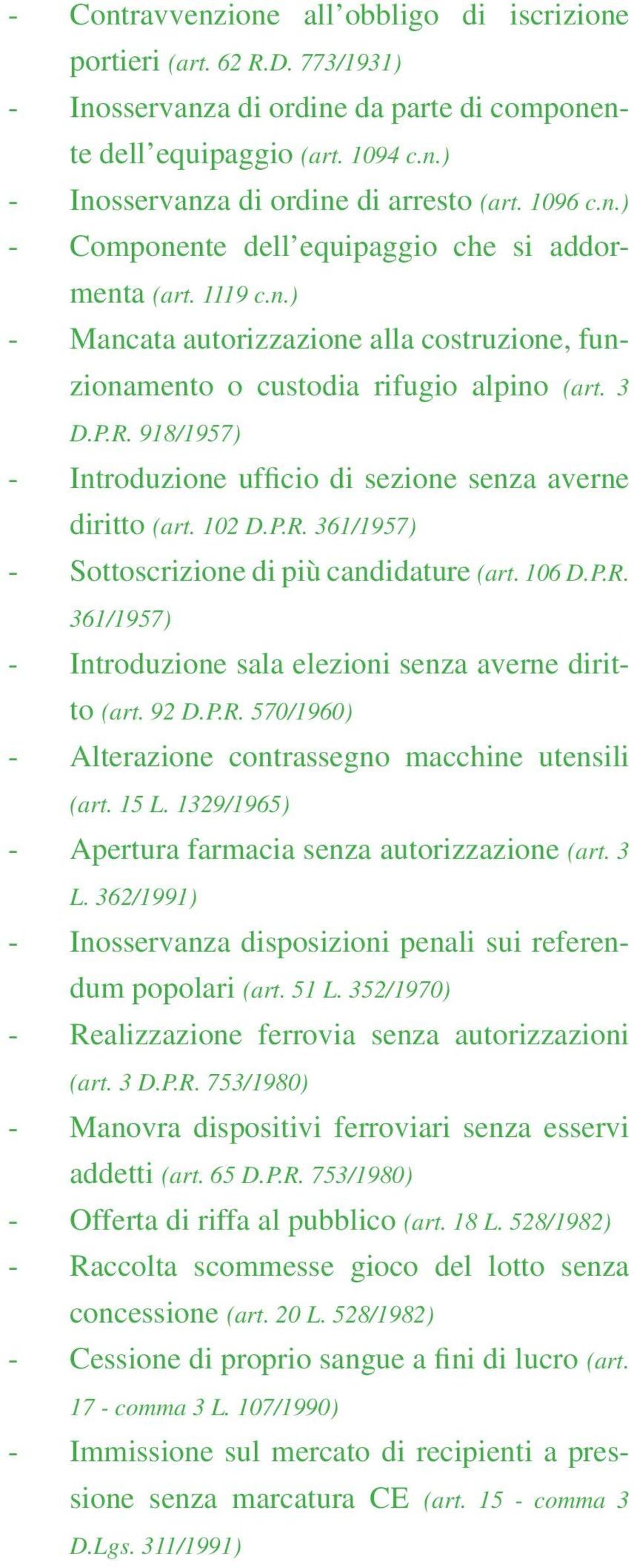 918/1957) - Introduzione ufficio di sezione senza averne diritto (art. 102 D.P.R. 361/1957) - Sottoscrizione di più candidature (art. 106 D.P.R. 361/1957) - Introduzione sala elezioni senza averne diritto (art.