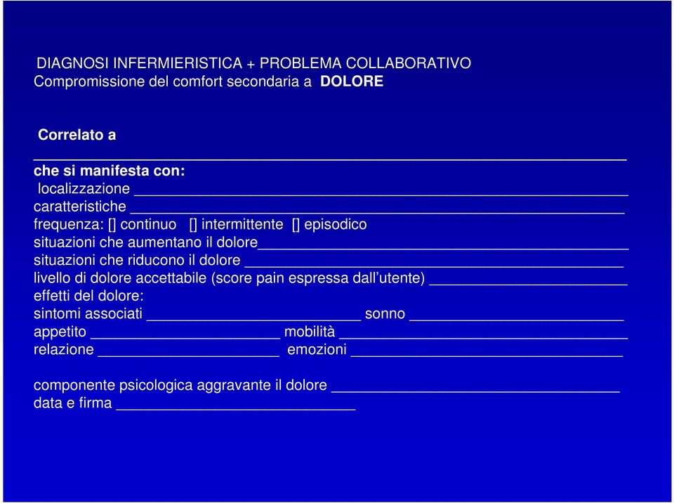 aumentano il dolore situazioni che riducono il dolore livello di dolore accettabile (score pain espressa dall utente)