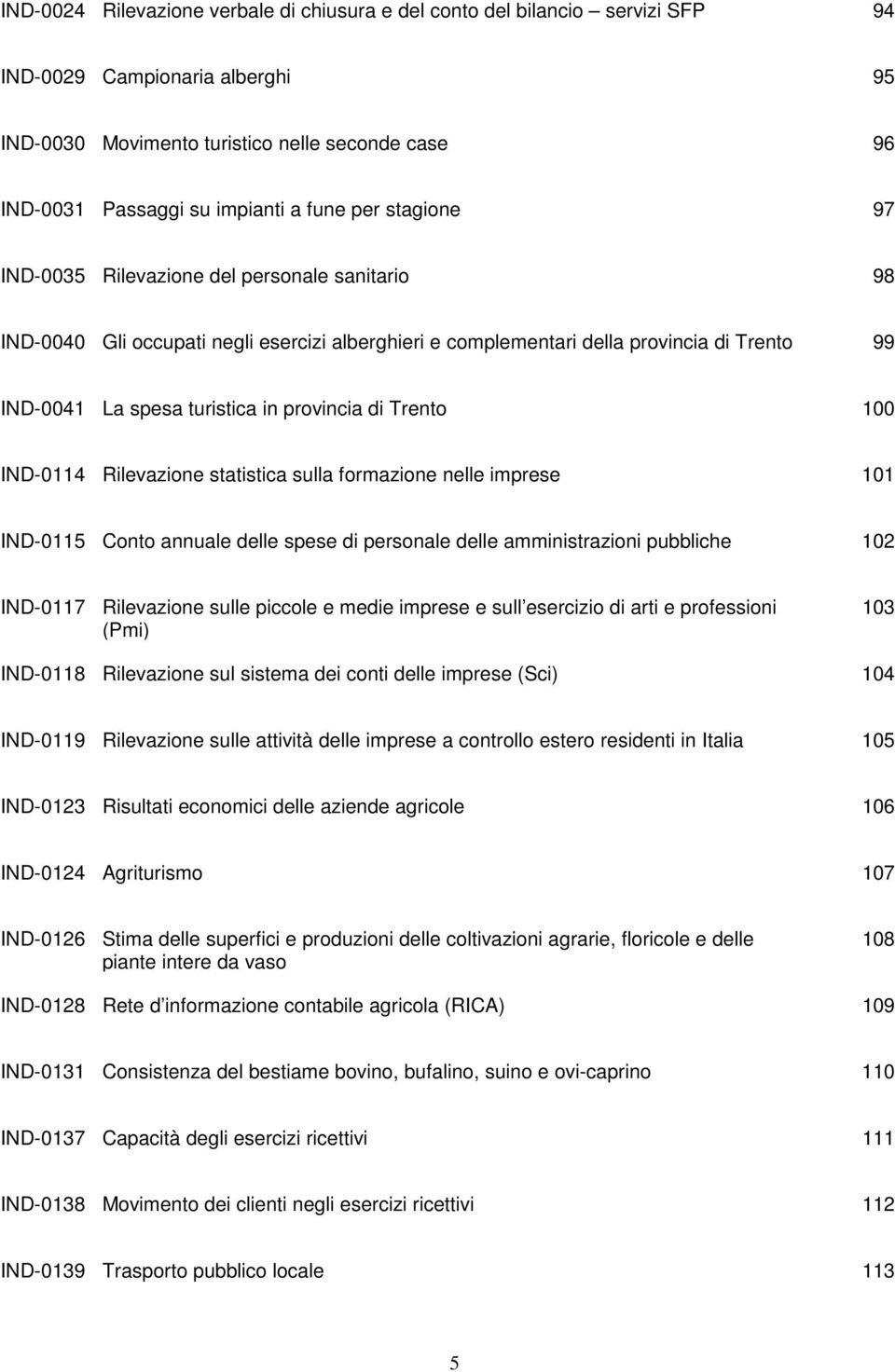provincia di Trento 100 IND-0114 Rilevazione statistica sulla formazione nelle imprese 101 IND-0115 Conto annuale delle spese di personale delle amministrazioni pubbliche 102 IND-0117 Rilevazione
