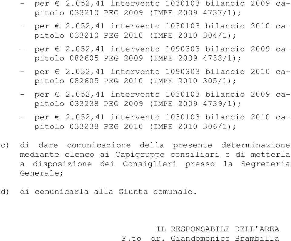 052,41 intervento 1030103 bilancio 2009 capitolo 033238 PEG 2009 (IMPE 2009 4739/1); - per 2.