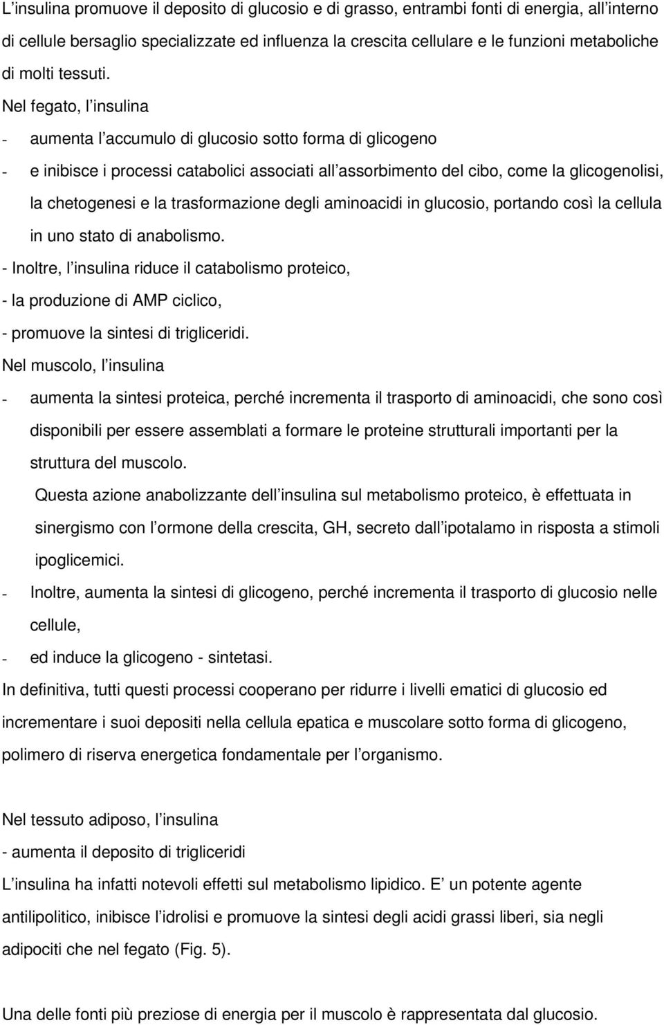 Nel fegato, l insulina aumenta l accumulo di glucosio sotto forma di glicogeno e inibisce i processi catabolici associati all assorbimento del cibo, come la glicogenolisi, la chetogenesi e la