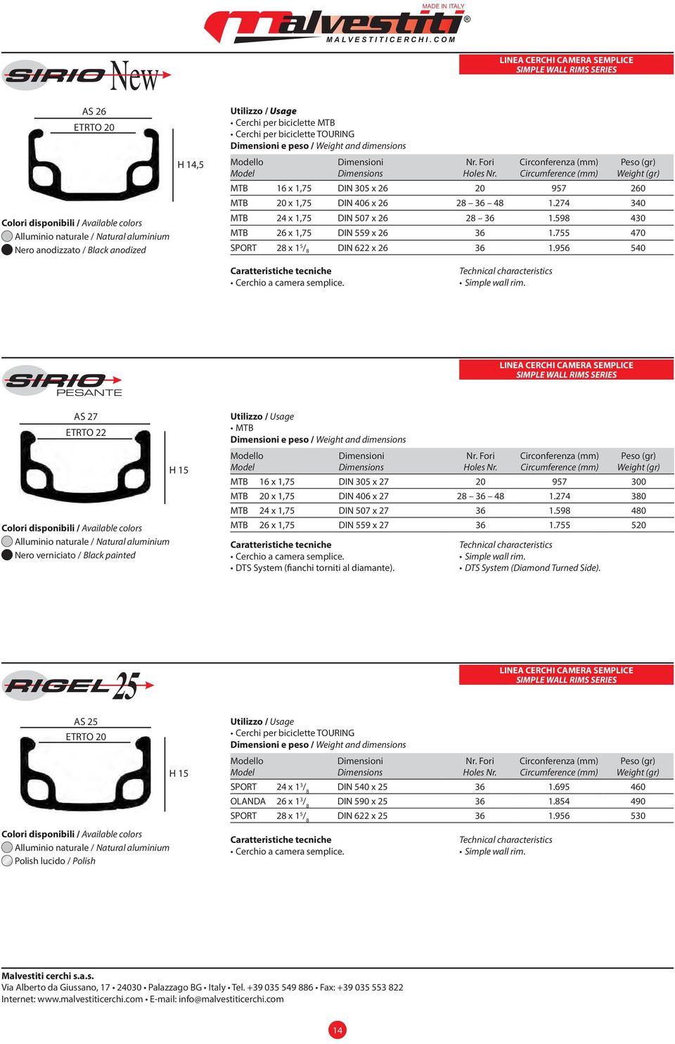 598 430 MTB 26 x 1,75 DIN 559 x 26 36 1.755 470 SPORT 28 x 1 5 / 8 DIN 622 x 26 36 1.956 540 Cerchio a camera semplice. Simple wall rim.