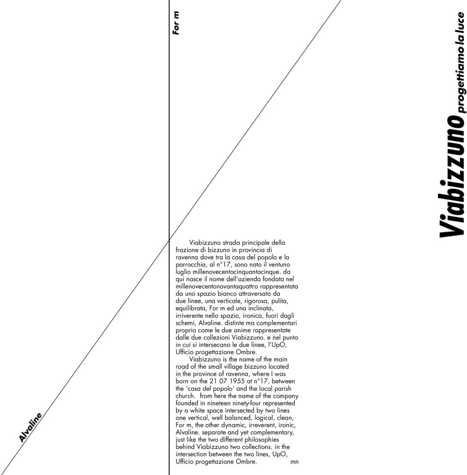 da qui nasce il nome dell azienda fondata nel millenovecentonovantaquattro rappresentata da uno spazio bianco attraversato da due linee, una verticale, rigorosa, pulita, equilibrata, For m ed una