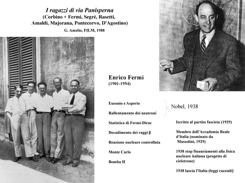 Iscritto al partito fascista (1929) Decadimento dei raggi β Membro dell'accademia Reale d'italia (nominato da Mussolini, 1929)