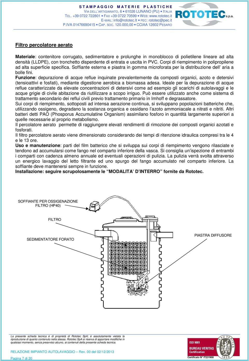 Funzione: depurazione di acque reflue inquinate prevalentemente da composti organici, azoto e detersivi (tensioattivi e fosfati), mediante digestione aerobica a biomassa adesa.